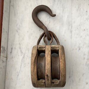 Antique Rustic Double Wooden Pulley with Hook